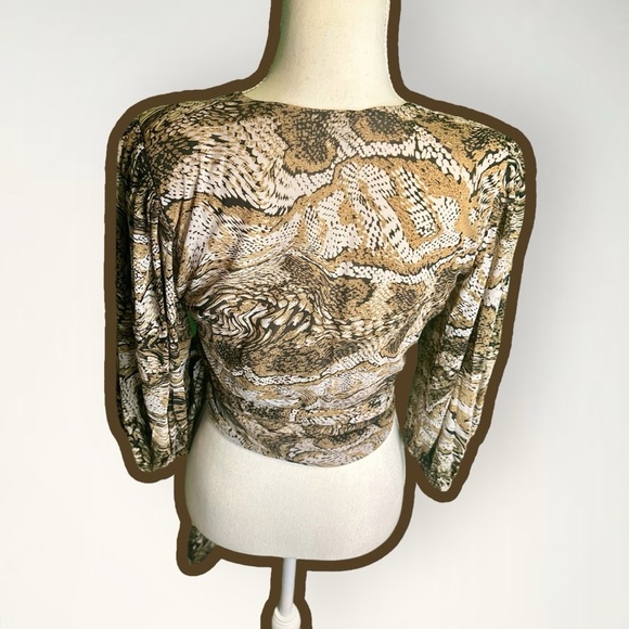NWT RARE Ganni Puff Sleeve Mesh Wrap Top 3426 in “Tiger’s Eye” Print Size 4 - Picture 8 of 14